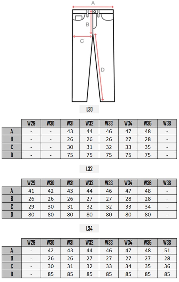 Rodney basic jeans size table 