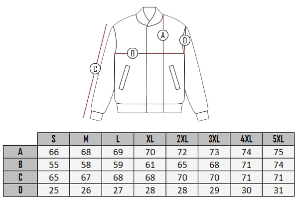 Carbon PU jacket size table