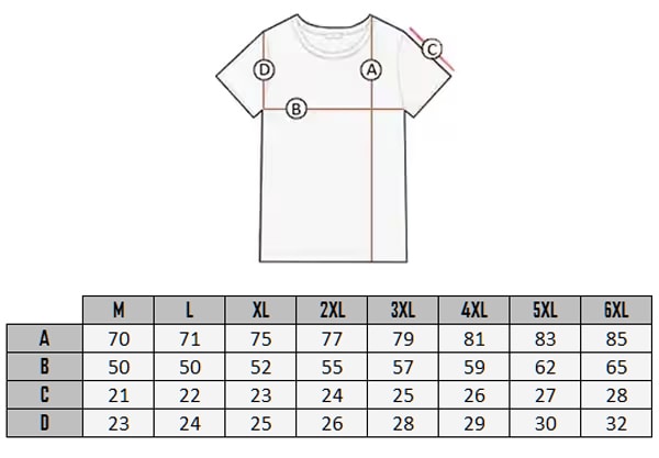 Yuto tshirt size table